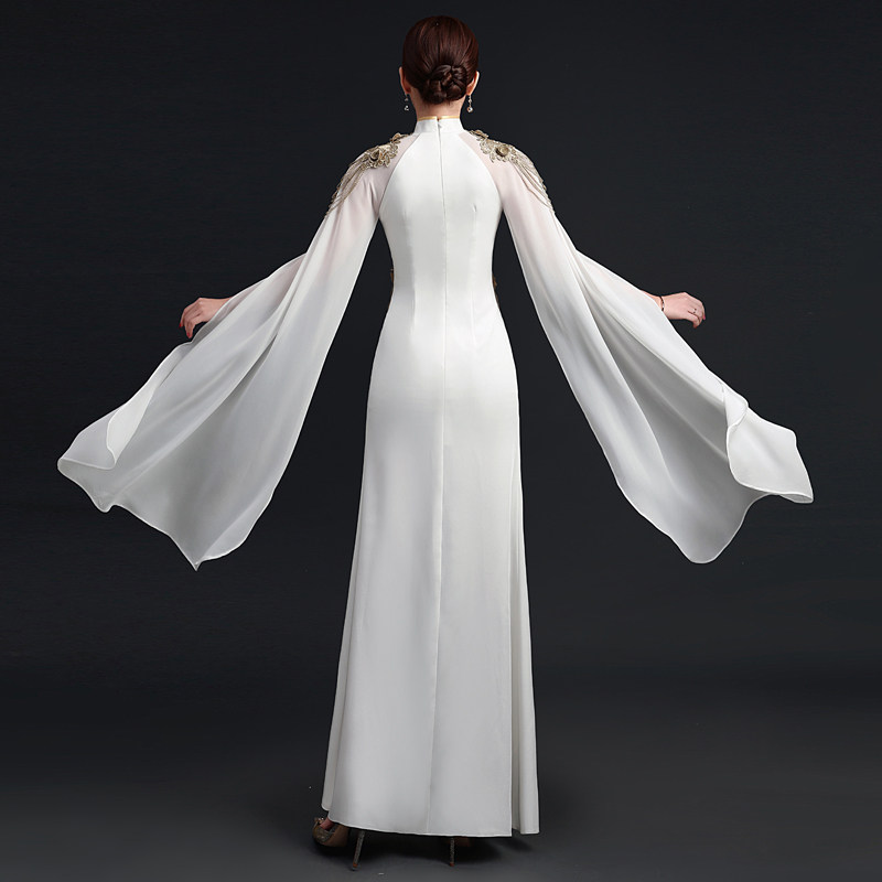 2021新中国风年会晚礼服优雅长款鱼尾开叉走秀舞台演出服简约白色,淘宝优惠券,粉丝福利购,淘宝优惠卷