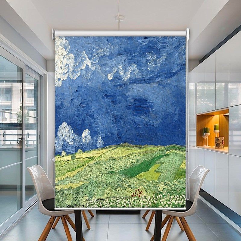 来图定制梵高油画手拉式卷帘窗帘客厅办公室免打孔防水全遮光升降,淘宝优惠券,粉丝福利购,淘宝优惠卷
