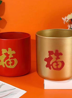 铁艺福桶福字抱抱桶银柳干花圆形红色花盒包装盒开业乔迁结婚花桶