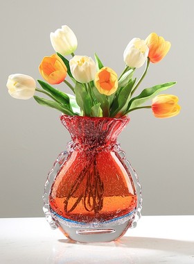 轻奢红色琉璃气泡花瓶水培摆件简约客厅餐桌样板房花器插花装饰品