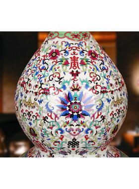 景德镇陶瓷器 仿古中式珐琅彩瓷白福寿葫芦花瓶 现代家居工艺摆件