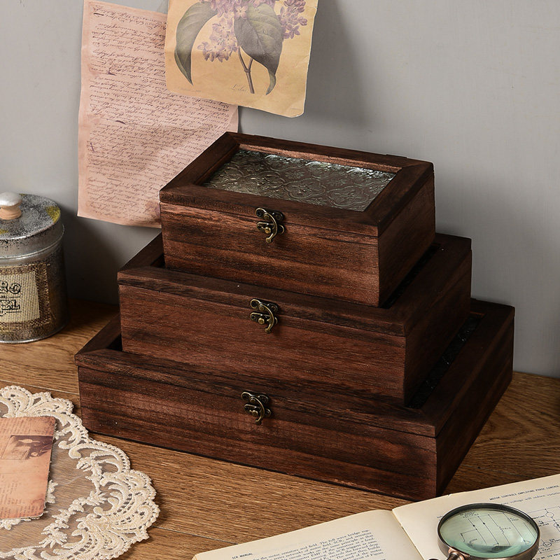 海棠花玻璃收纳盒复古木质桌面杂物整理翻盖木盒摆设化妆台装饰盒,淘宝优惠券,粉丝福利购,淘宝优惠卷