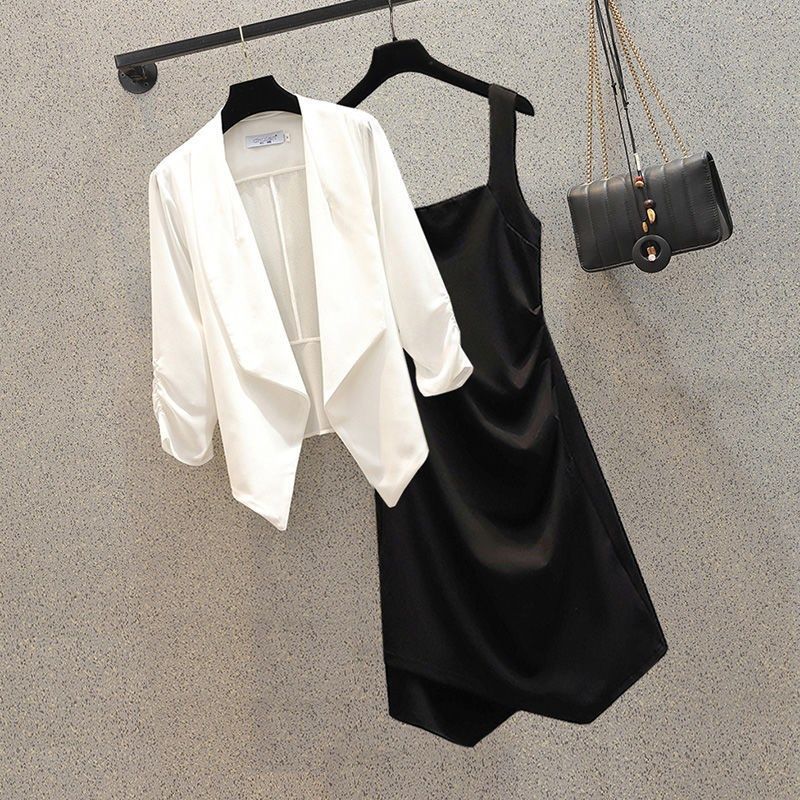 胖mm洋气遮肚显瘦雪纺小西装外套内搭吊带连衣裙套装裙女春夏大码,淘宝优惠券,粉丝福利购,淘宝优惠卷