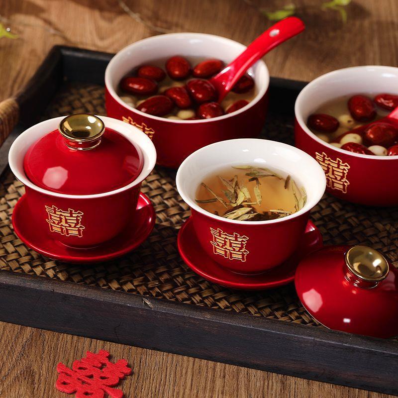 Modified teacup wedding set, pair of bowls and chopsticks, red wedding bowl, dowry tea set, wedding supplies, toasting cup collection