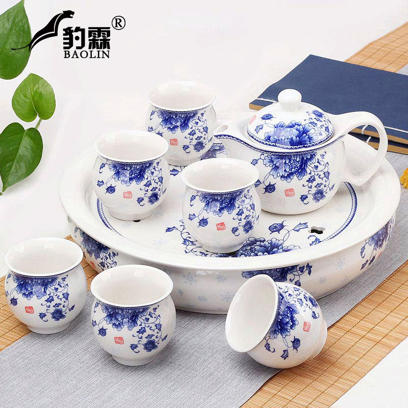 Insulated Kung Fu tea set household ceramic tea cup teapot tea tray simple modern Chinese blue and white porcelain living room