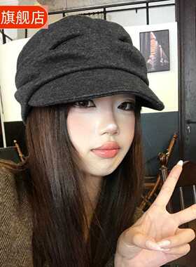 褶皱贝雷帽女秋冬新款复古鸭舌报童帽子画帽显脸小