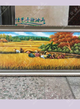 纯手绘五谷丰收风景油画麦田水稻装饰画金色大稻田挂画