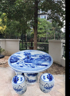 包邮景德镇陶瓷大桌配凳套件户外庭院石桌手绘青花瓷小桥流水人家