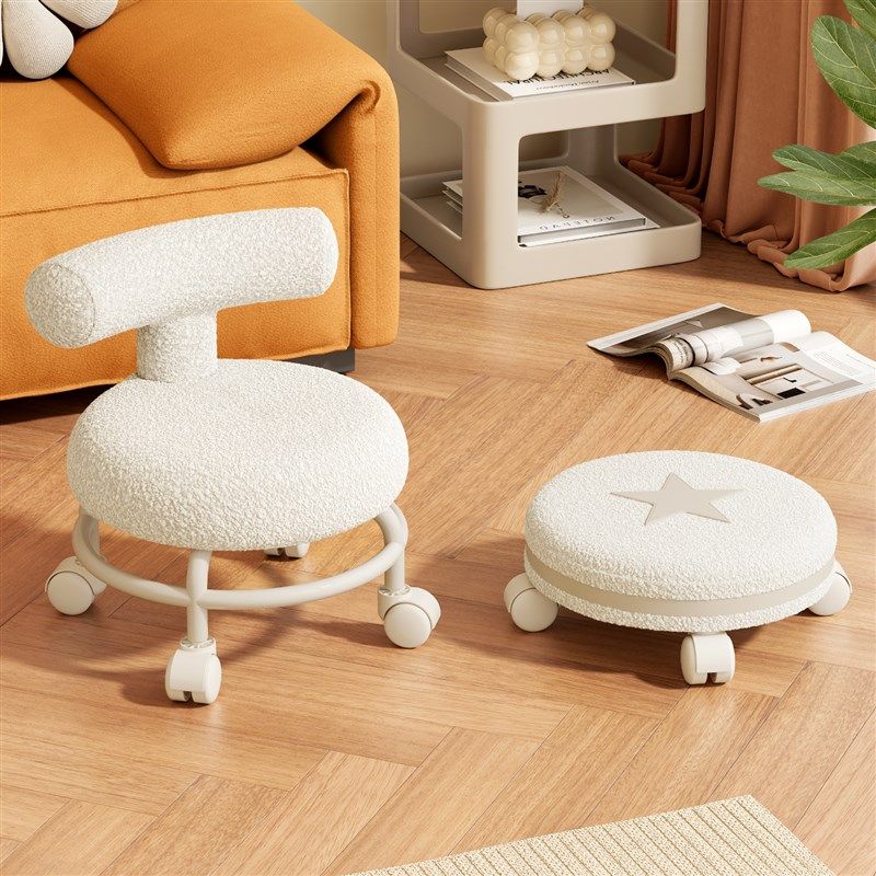 万向轮小凳子家用滑轮矮凳儿童带娃学步凳换鞋靠背椅子羊羔绒圆凳,淘宝优惠券,粉丝福利购,淘宝优惠卷