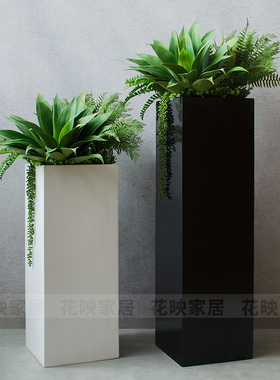 现代方形落地大花瓶插绿植花艺玻璃钢花器酒店售楼处商场软装饰品