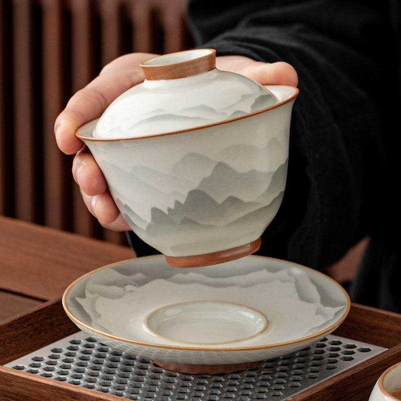 Ink Chinese style retro Ru kiln Sancai covered bowl high-end household tea set anti-scalding with lid retro kung fu tea bowl