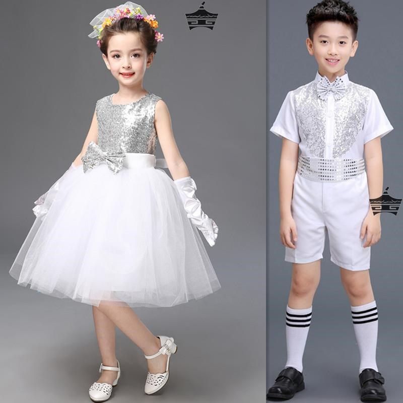 新款白色亮片儿童演出服合唱男孩小礼服衬衫短袖英伦风女孩公主裙,淘宝优惠券,粉丝福利购,淘宝优惠卷