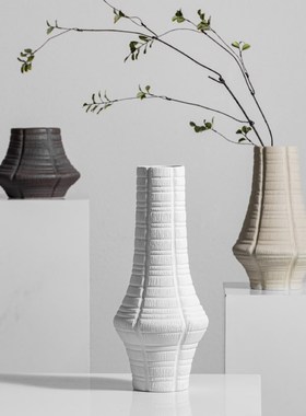 黑白咖色肌理手工陶瓷花瓶花器侘寂风高级感家居软装饰品高档摆件