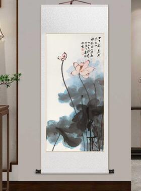 张大千玄关画名家水墨荷花图卷轴挂画中式客厅书房茶室装饰壁画