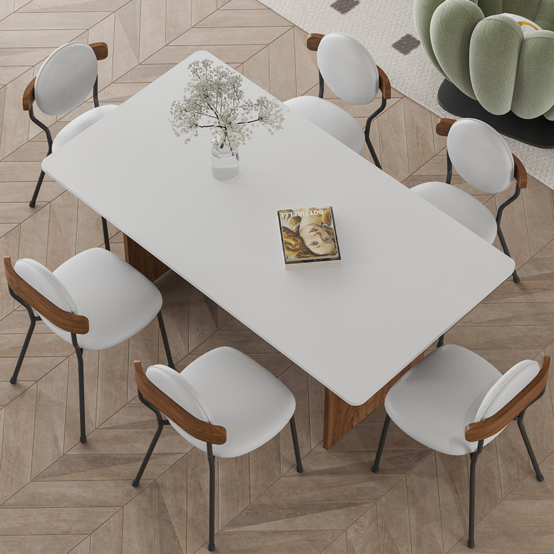 中古风实木奶油白色哑光岩板复古餐桌椅组合小户型长方形岛台家用,淘宝优惠券,粉丝福利购,淘宝优惠卷