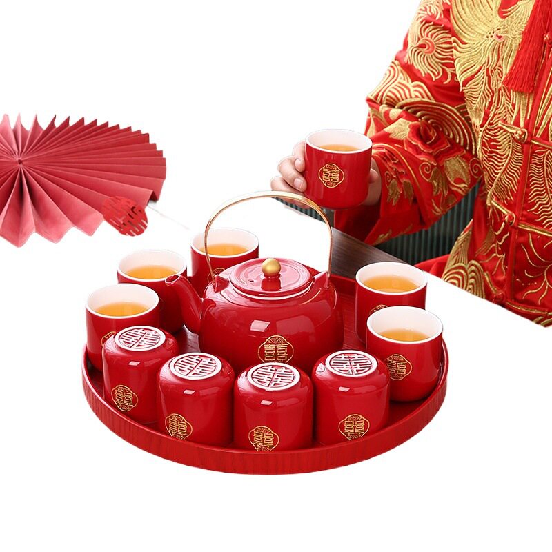 New tea cup set festive Chinese style bride engagement dowry red tray teapot