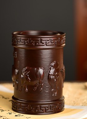 黑檀木雕五牛图笔筒工艺品办公室书桌家居客厅木质笔筒摆件送礼