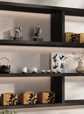 宋代美学新中式原木风办公室茶室茶柜博古架摆件茶具茶艺软装饰品