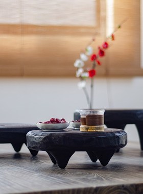 侘寂风茶盘小型圆形黑色矮脚木平盘家用名宿软装实木装饰托盘摆件