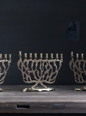 多头烛台 西洋旧物古董美食静物摄影道具黄铜摆件【二店道具铺】