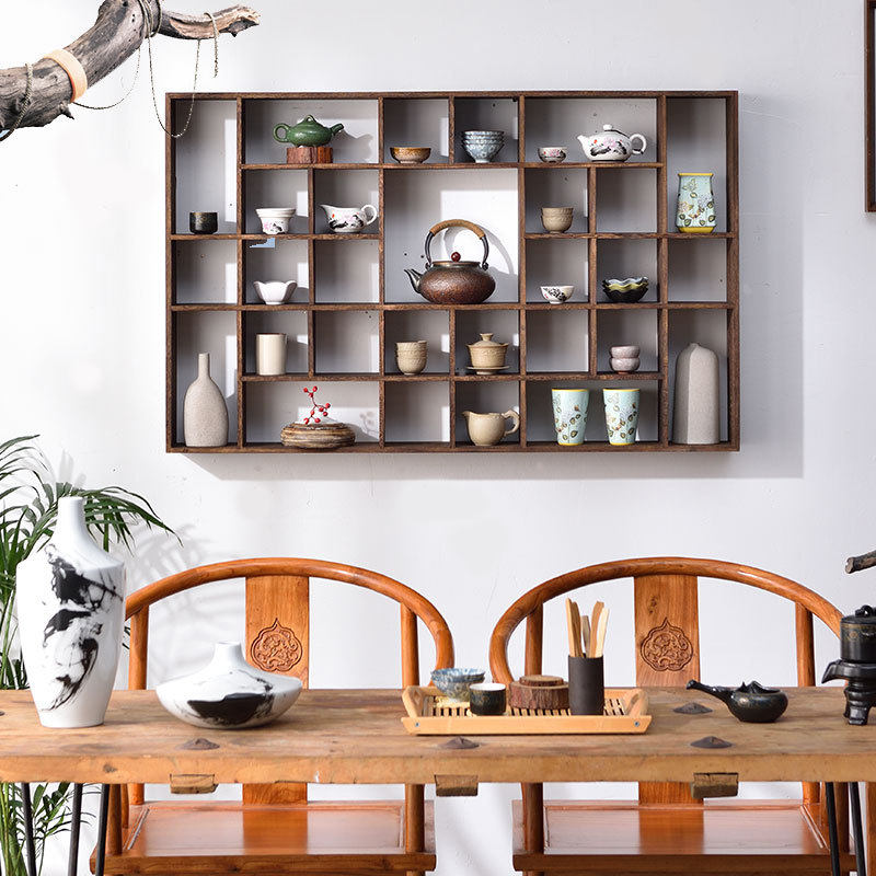 Solid wood Duobao Pavilion tea set storage wall hanging rack 48 compartments