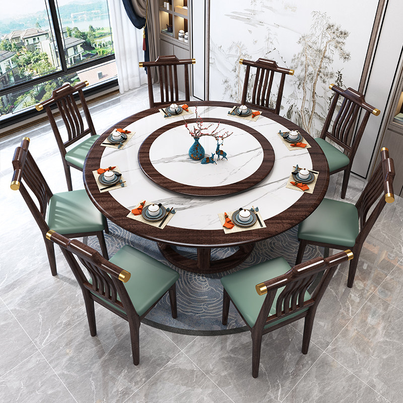 乌金色实木岩板圆形餐桌椅组合带电磁炉转盘家用火锅饭桌大圆桌子,淘宝优惠券,粉丝福利购,淘宝优惠卷