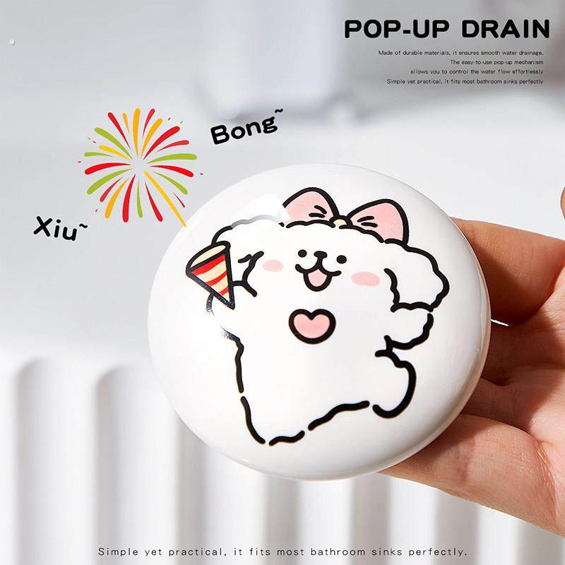 可爱线条小狗陶瓷洗脸盆卫生间洗手池漏水塞面盆下水器创意弹跳芯,淘宝优惠券,粉丝福利购,淘宝优惠卷