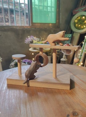 实木手作猫咪猫舍猫架氛围微缩场景桌面装饰家居猫店摆件