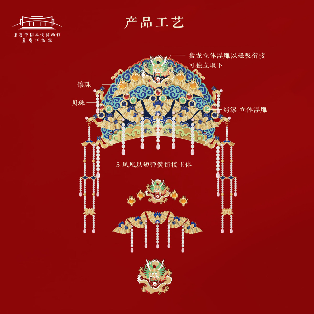【重庆中国三峡博物馆】凤冠冰箱贴金属长流苏可拆卸文创礼物礼品