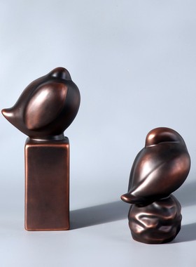 新中式黑色白色金色陶瓷小鸟动物摆件样板间书房博古架装饰品摆设