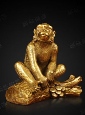 纯铜生肖猴黄铜摆件室内客厅办公室桌面坐树枝铜猴子装饰摆放用品