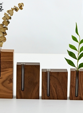 喜起黑胡桃实木插花器水培花瓶桌面摆件禅意花插木质装饰花器皿