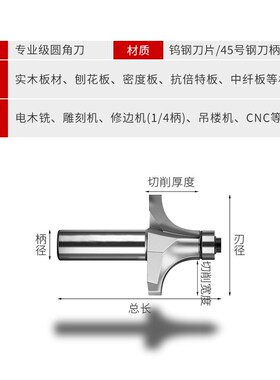 专业级圆角刀木工铣刀开槽刀具修边机刀头R倒角刀雕刻机锣刀