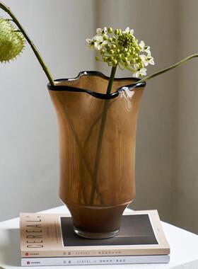 中古风黑边创意褶皱手工大口咖色瓷粉琉璃花瓶玄关居家台面样板房