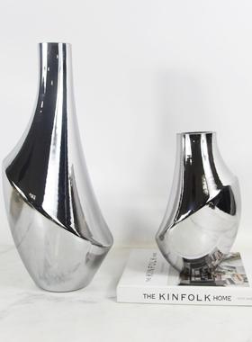 北欧玻璃电镀银色花瓶家居插花客厅装饰品摆件艺术售楼处饰品