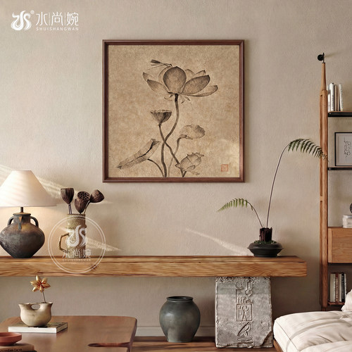 宋代美学荷气生财客厅装饰画禅意斗柜壁画新中式荷花茶室书房挂画 - 图2