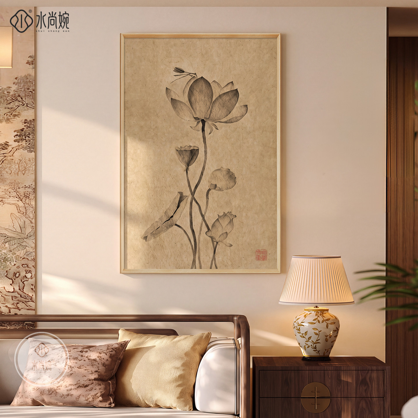 新中式荷花图沙发背景墙挂画宋代美学和气生财客厅装饰画禅意壁画