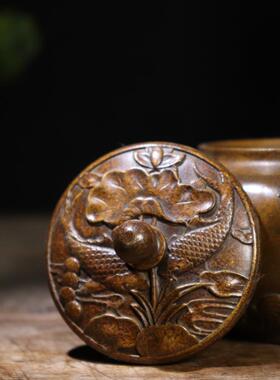 古玩铜器收藏 仿古铜年年有余酒壶 家居装饰创意礼品铜摆件工艺品