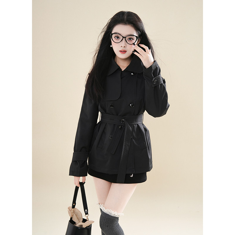 纯欲风复古双排扣风衣女春秋新款小个子高级感黑色收腰短款外套,淘宝优惠券,粉丝福利购,淘宝优惠卷