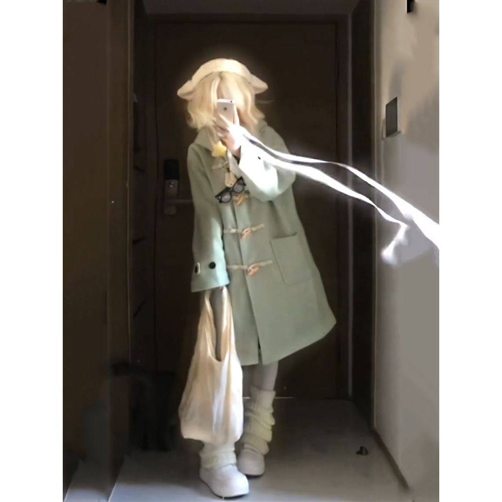薄荷青提 冬季新款日系古早奈奈风设计感连帽中长款毛呢外套大衣,淘宝优惠券,粉丝福利购,淘宝优惠卷