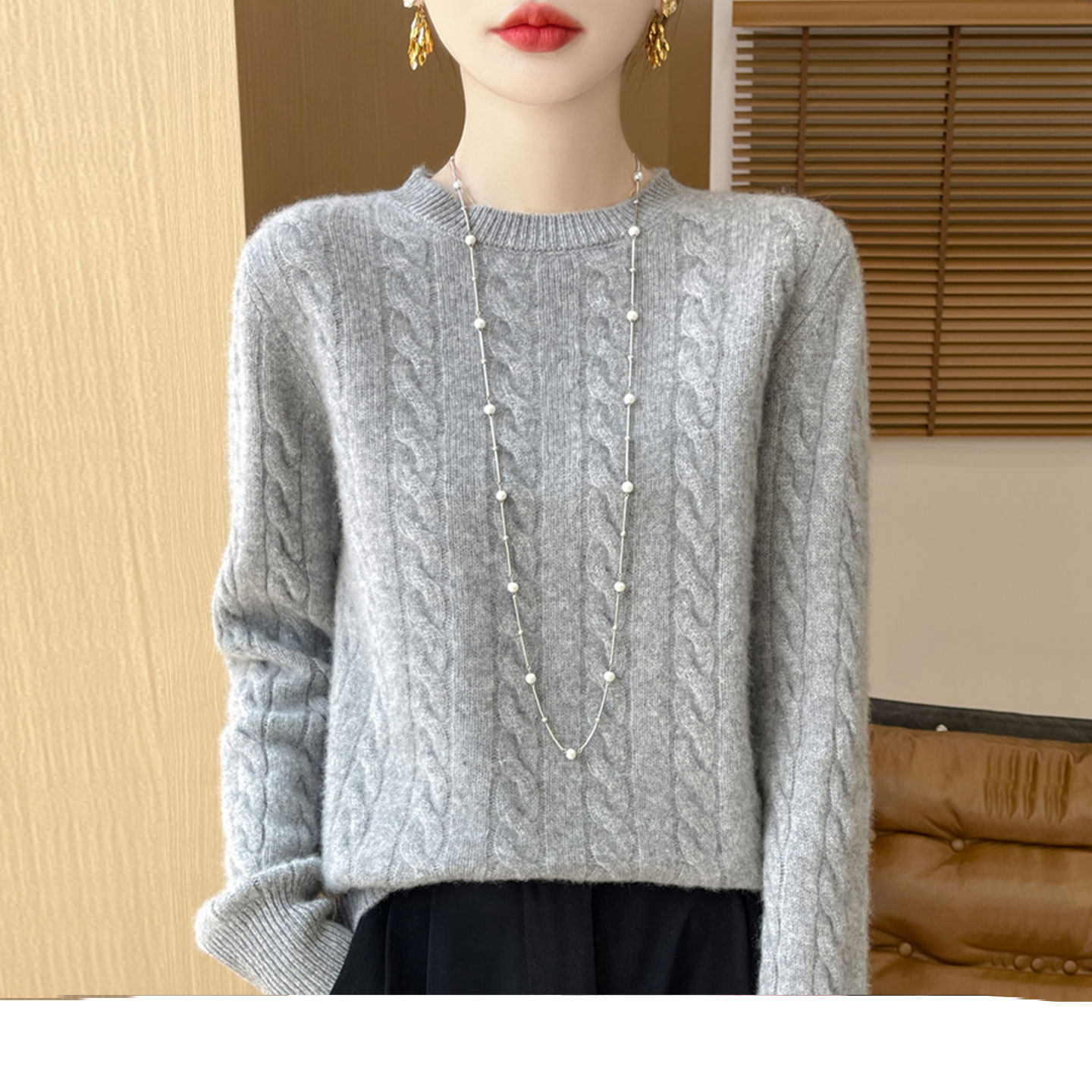 纯色圆领提花羊毛针织衫女宽松秋季新款宽松百搭减龄显瘦打底毛衣,淘宝优惠券,粉丝福利购,淘宝优惠卷