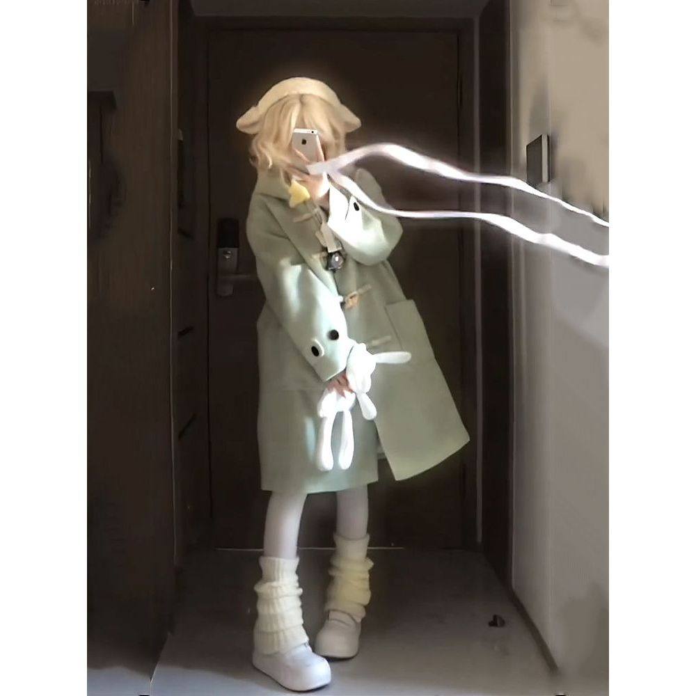 薄荷青提 冬季新款日系古早奈奈风设计感连帽中长款毛呢外套大衣,淘宝优惠券,粉丝福利购,淘宝优惠卷