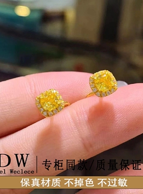 奥特莱斯18K金轻奢爆闪小方糖黄钻耳钉女天然黄水晶宝石耳饰网红