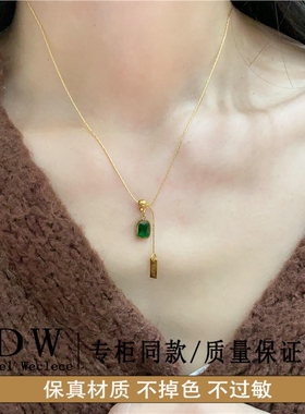奥特莱斯18K金洗澡不用摘~复古港风精美绿钻方块项链小众森系清新