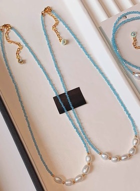 巴洛克异形淡水珍珠蓝色琉璃石项链女小众设计感水晶串珠锁骨配饰