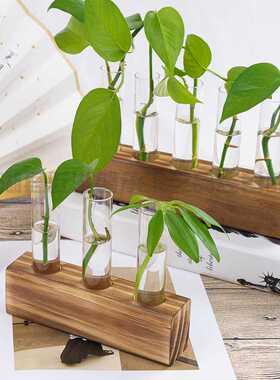 木底座玻璃试管水培花瓶木架复古简约家居客厅桌面装饰摆件