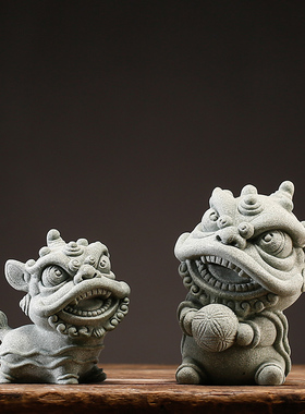 青砂石招财舞狮桌面电视柜装饰摆件创意中式麒麟鱼缸沉水造景摆设