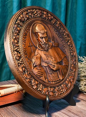 雕刻人物动物木雕摆件工艺品木雕圣像复古木头圆盘大号桌面装饰品