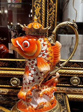 茱莉安法式奢华陶瓷彩绘艺术橙色锦鲤造型装饰别墅桌面工艺品摆件