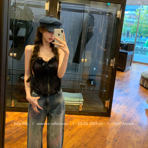 你的懒懒llan【古董少女】鱼骨塑形蕾丝刺绣抹胸+层次半裙套装女 - 图1